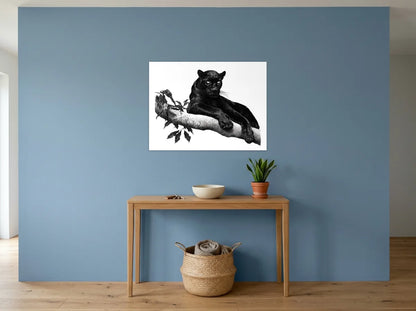 Tableau panthère noire sur branche sur toile 2 cm, présenté dans une entrée aux murs bleu poudré