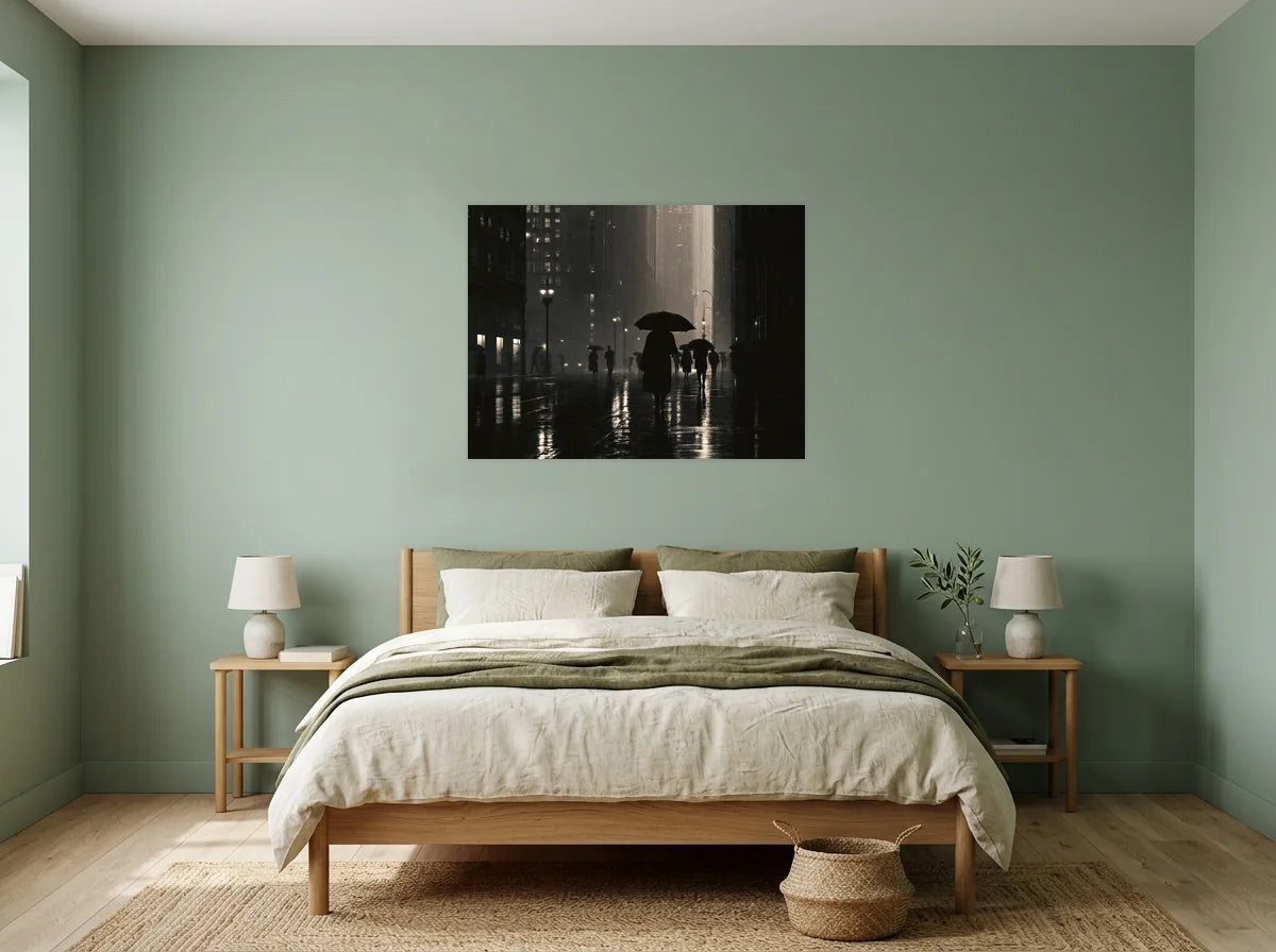 Tableau parapluie dans la nuit noir et blanc sur toile 2 cm, présenté dans une chambre aux murs vert sauge