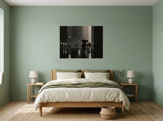 Tableau parapluie dans la nuit noir et blanc sur toile 2 cm, présenté dans une chambre aux murs vert sauge