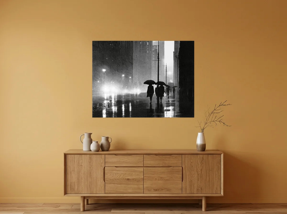 Tableau parapluies dans la brume noir et blanc sur toile 2 cm, présenté dans une salle à manger aux murs ocre
