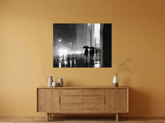 Tableau parapluies dans la brume noir et blanc sur toile 2 cm, présenté dans une salle à manger aux murs ocre