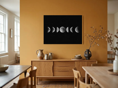 Tableau phases de lune noir et blanc sur toile 2 cm, présenté dans un intérieur contemporain