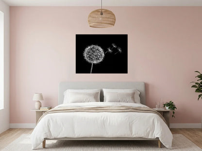 Tableau Pissenlit au Vent noir et blanc sur toile 2 cm, présenté dans : chambre aux murs rose poudré