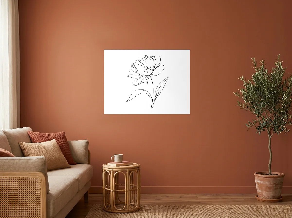 Tableau Pivoine au Trait noir et blanc sur toile 2 cm, présenté dans un salon aux murs terracotta