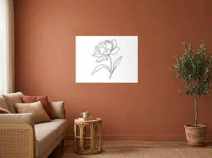 Tableau Pivoine au Trait noir et blanc sur toile 2 cm, présenté dans un salon aux murs terracotta