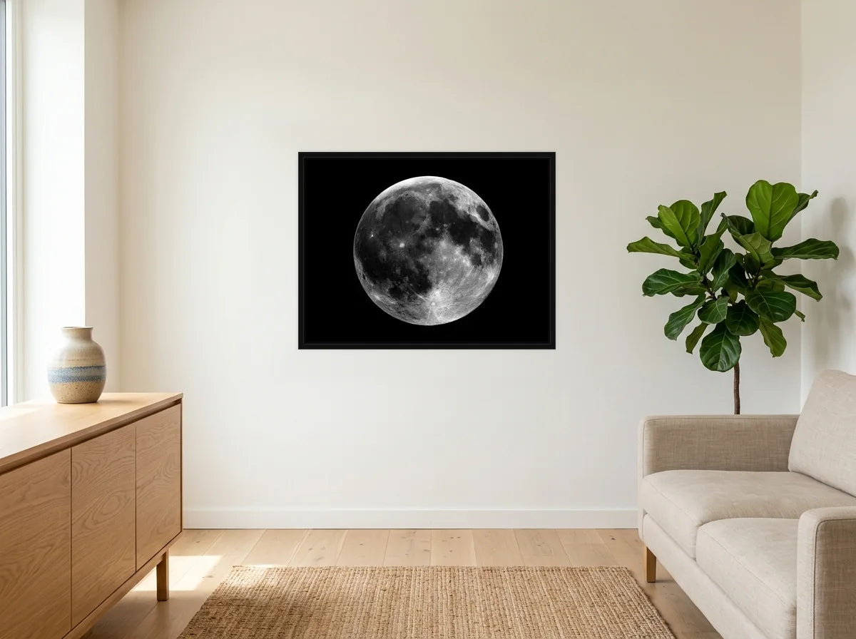 Tableau pleine lune panoramique noir et blanc en toile encadrée noire, présenté dans : salon blanc chaleureux et bois clair