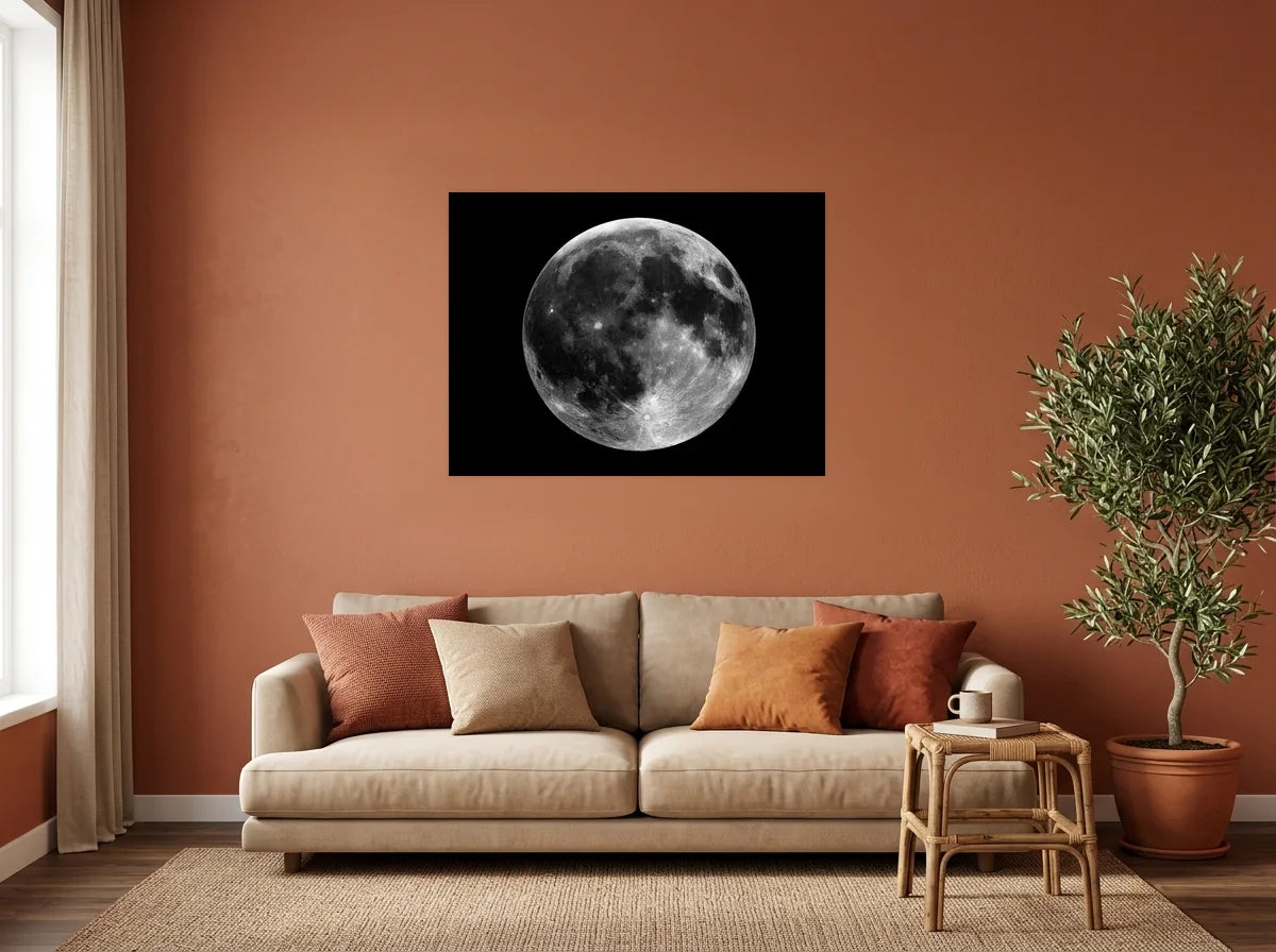 Tableau pleine lune panoramique noir et blanc sur toile 2 cm, présenté dans : salon aux murs terracotta
