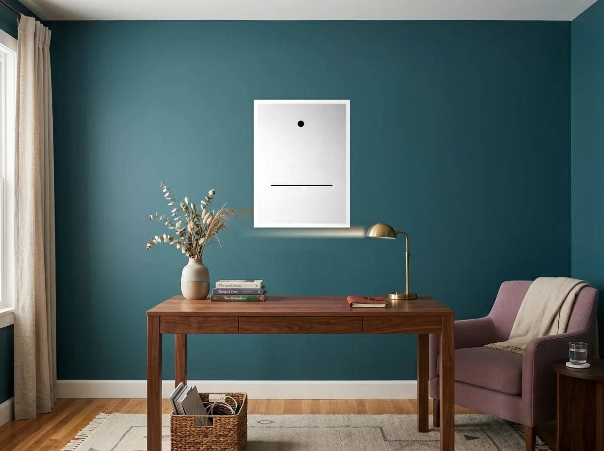 Tableau point et ligne minimalistes noir et blanc sur toile 2 cm, présenté dans un intérieur coloré