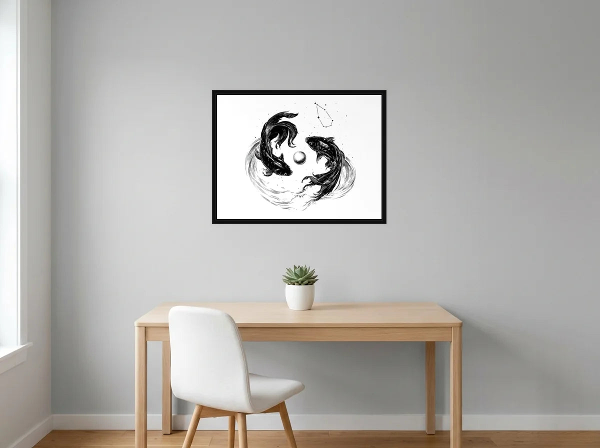Tableau poissons et perle céleste noir et blanc en toile encadrée noire, présenté dans : bureau gris clair lumineux