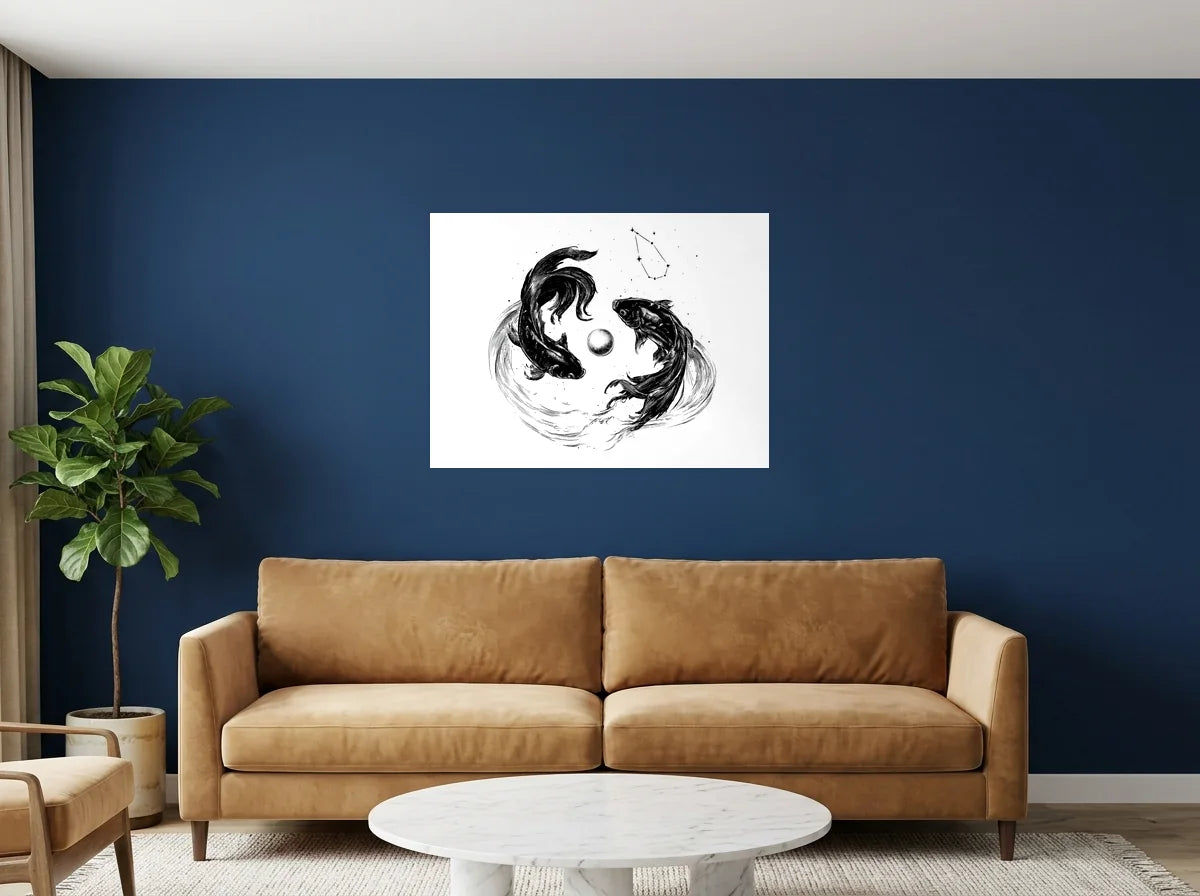 Tableau poissons et perle céleste noir et blanc sur toile 2 cm, présenté dans : salon aux murs bleu nuit