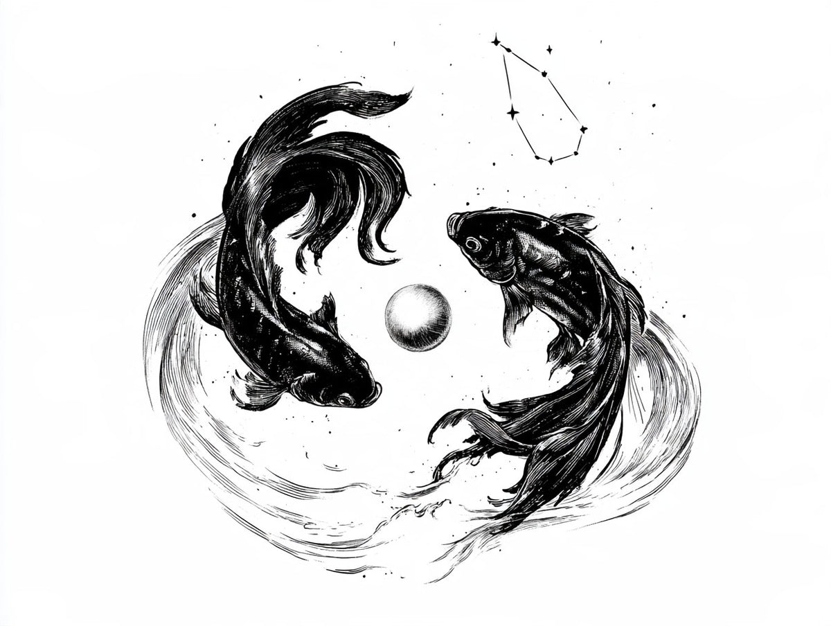 Œuvre complète du tableau poissons et perle céleste noir et blanc, vue fidèle du dessin original