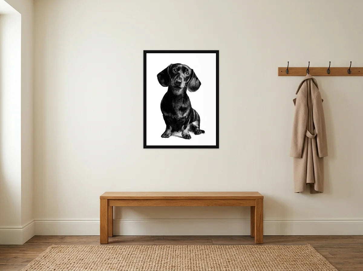 Tableau portrait de teckel noir et blanc en toile encadrée noire, présenté dans un intérieur contemporain