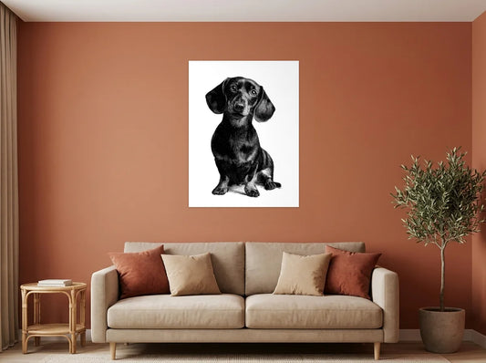 Tableau portrait de teckel noir et blanc sur toile 2 cm, présenté dans un intérieur contemporain