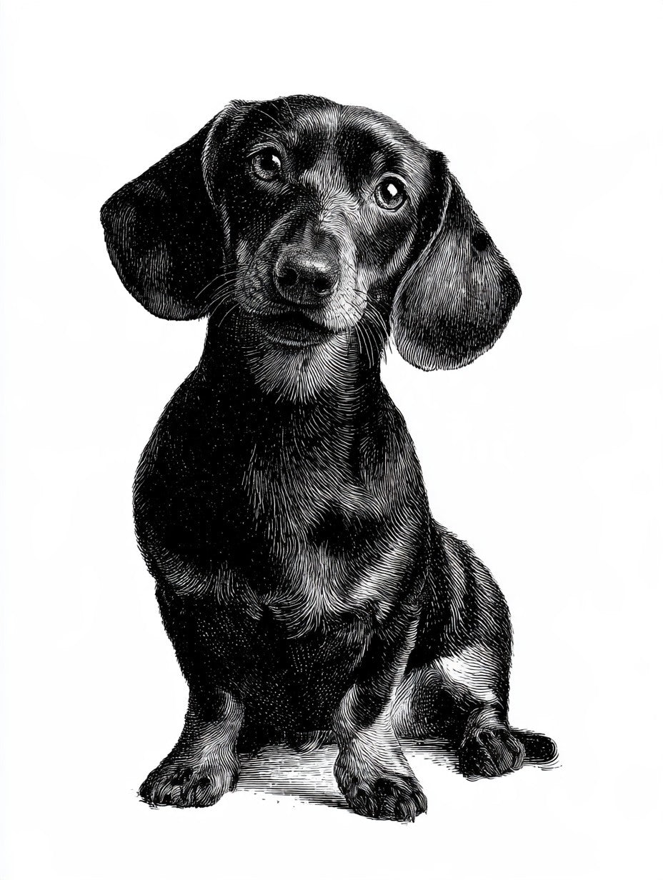 Œuvre du tableau portrait de teckel noir et blanc, vue complète du visuel original