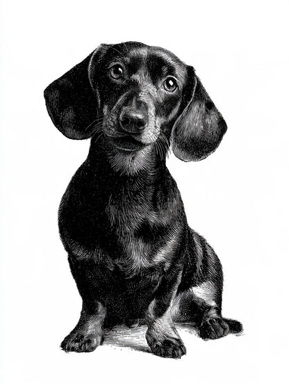 Œuvre du tableau portrait de teckel noir et blanc, vue complète du visuel original