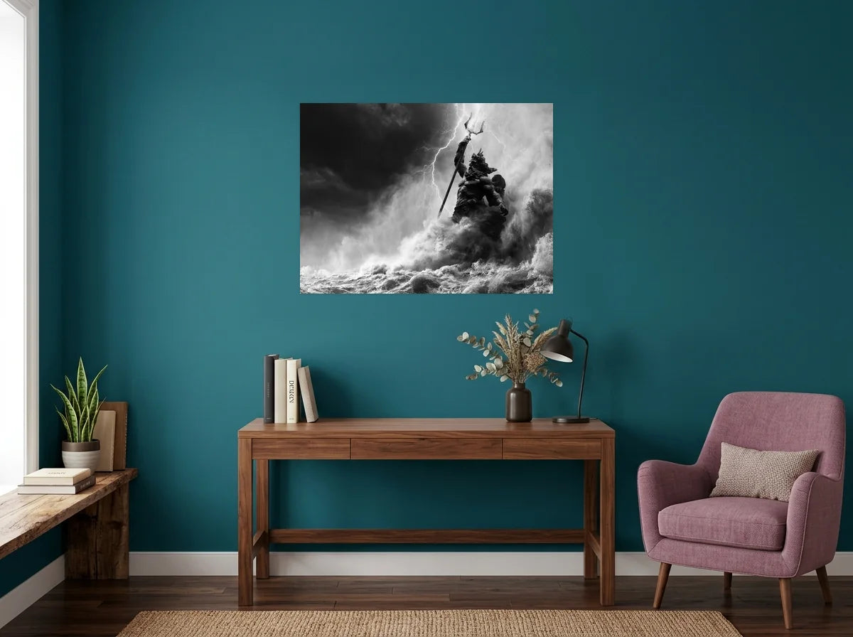 Tableau Poséidon dans la Tempête noir et blanc sur toile 2 cm, dans un bureau aux murs bleu canard