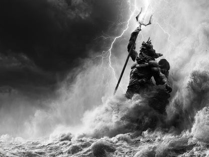 Œuvre complète du tableau Poséidon dans la Tempête noir et blanc, dieu marin entre vagues et éclairs