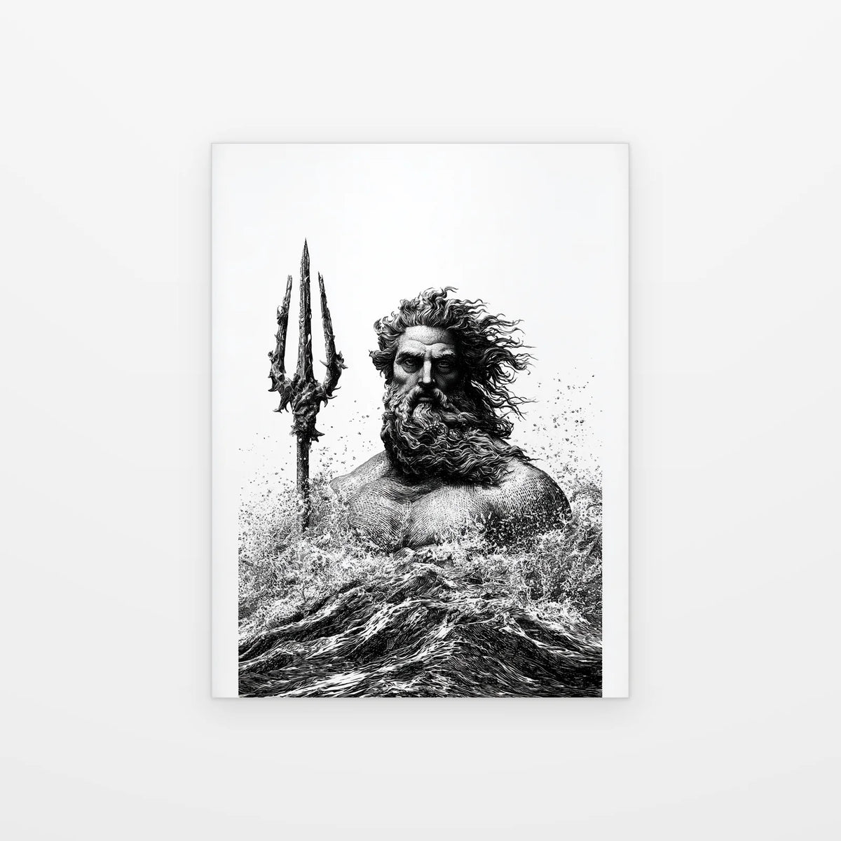 Visuel du tableau poséidon trident des vagues noir et blanc présenté seul sur fond blanc, aperçu de l’œuvre imprimée