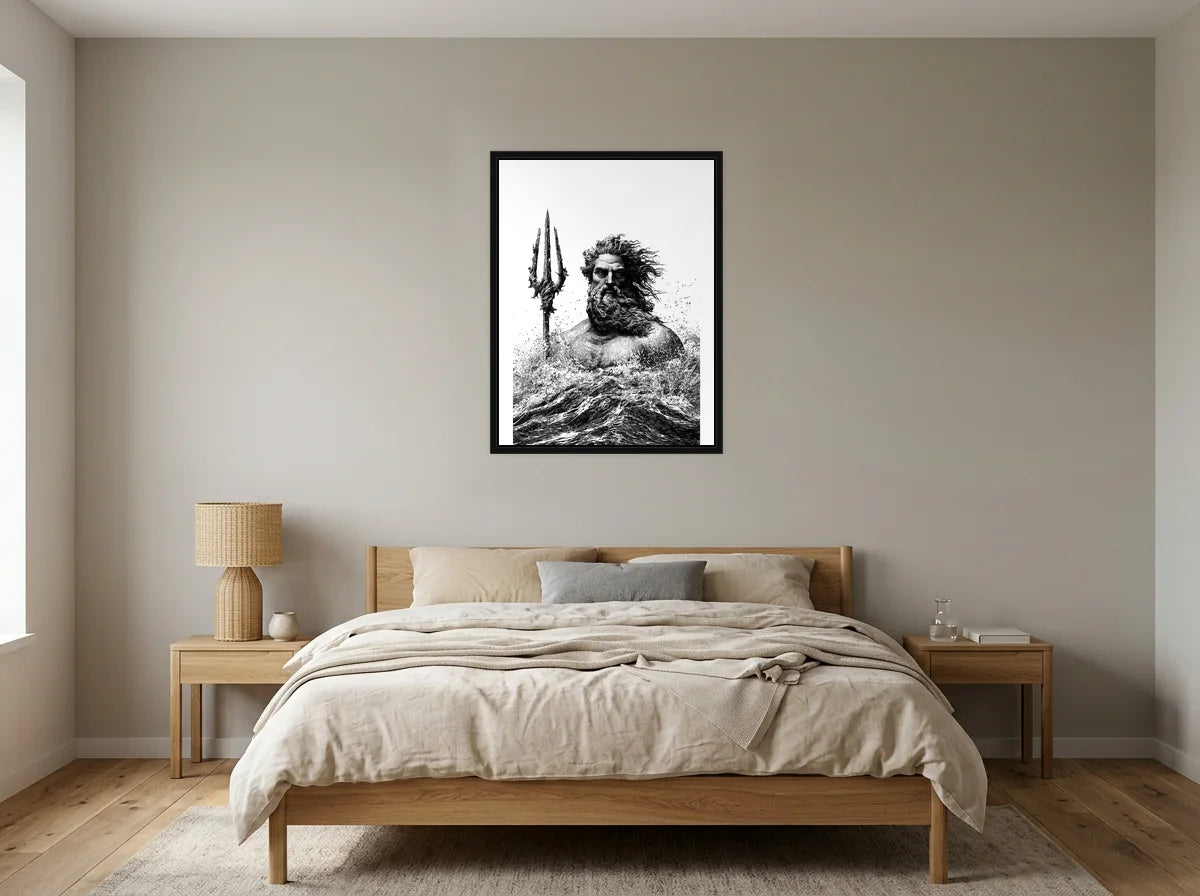 Tableau poséidon trident des vagues noir et blanc en toile encadrée noire, présenté dans : chambre aux tons lin et grège