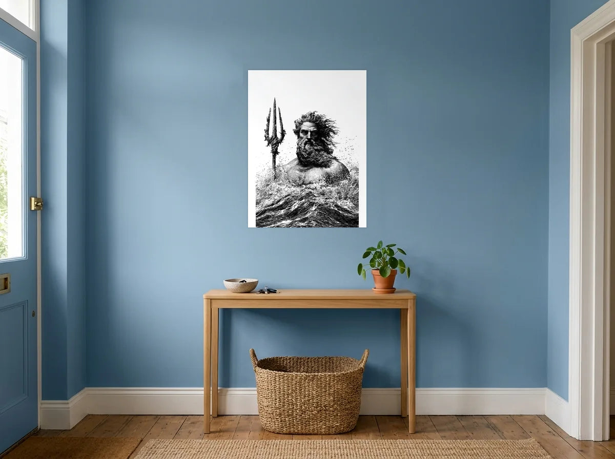 Tableau poséidon trident des vagues noir et blanc sur toile 2 cm, présenté dans : entrée aux murs bleu poudré