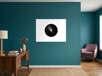 Tableau Repère Céleste noir et blanc sur toile 2 cm, présenté dans : bureau aux murs bleu canard