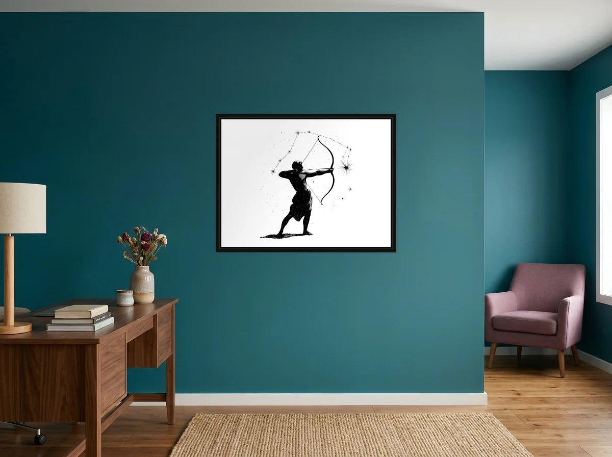 Tableau sagittaire archer étoilé noir et blanc en toile encadrée noire, présenté dans : bureau aux murs bleu canard