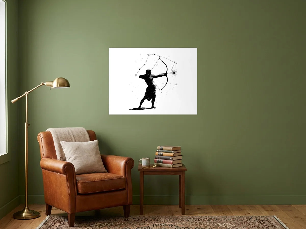 Tableau sagittaire archer étoilé noir et blanc sur toile 2 cm, présenté dans : coin lecture aux murs vert olive