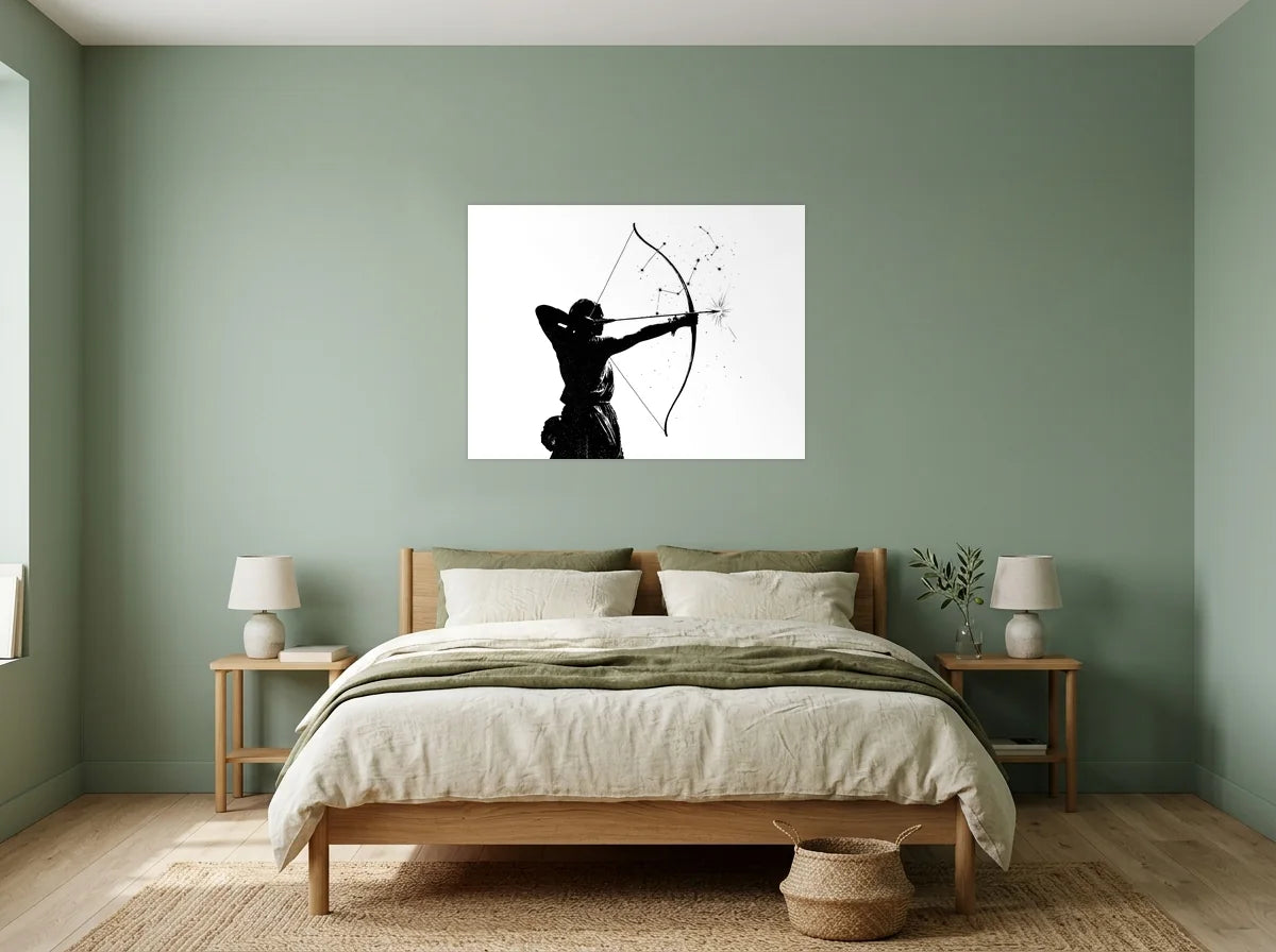 Tableau sagittaire flèche céleste noir et blanc sur toile 2 cm, présenté dans : chambre aux murs vert sauge
