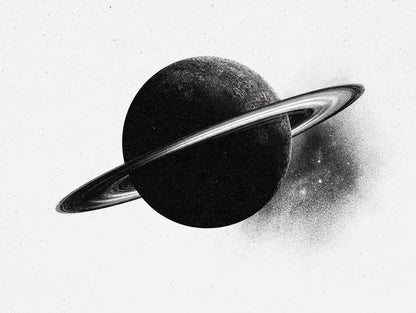 Œuvre complète du tableau saturne aux anneaux lumineux noir et blanc, vue fidèle de l’illustration