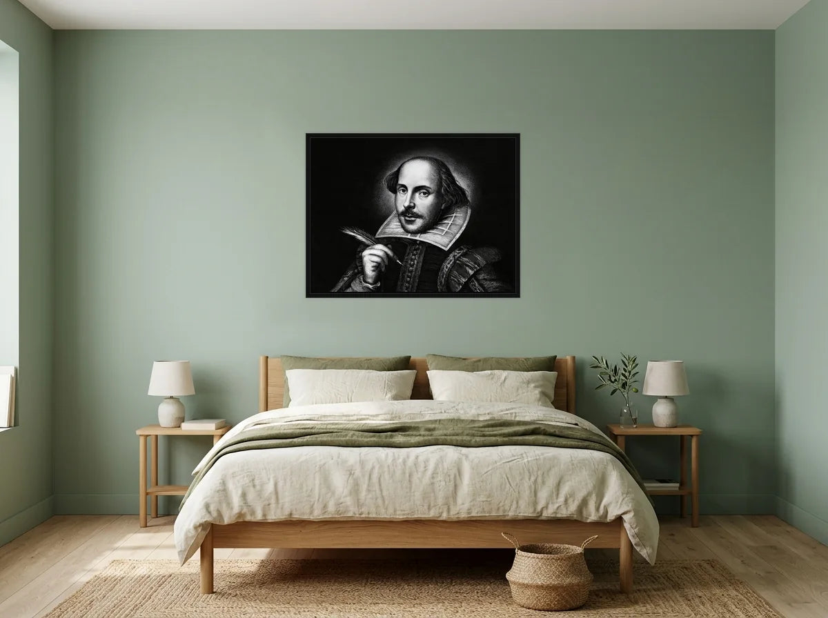 Tableau shakespeare à la plume noir et blanc en toile encadrée noire, présenté dans : chambre aux murs vert sauge