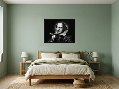 Tableau shakespeare à la plume noir et blanc en toile encadrée noire, présenté dans : chambre aux murs vert sauge