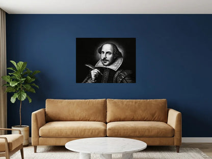 Tableau shakespeare à la plume noir et blanc sur toile 2 cm, présenté dans : salon aux murs bleu nuit
