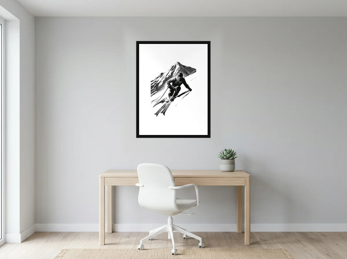 Tableau skieur au virage noir et blanc en toile encadrée noire, présenté dans un bureau gris clair lumineux