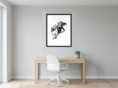 Tableau skieur au virage noir et blanc en toile encadrée noire, présenté dans un bureau gris clair lumineux