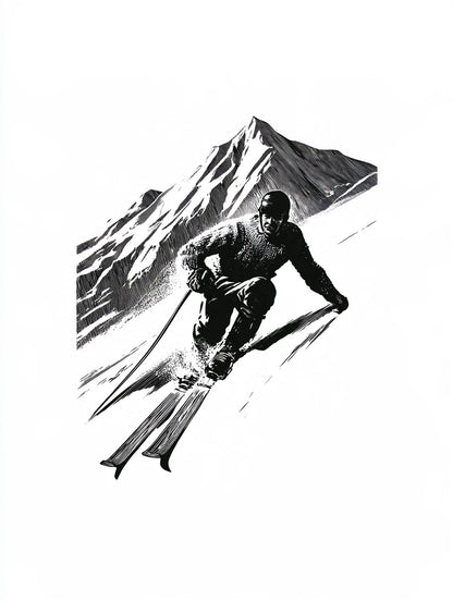 Œuvre complète du tableau Skieur au Virage noir et blanc, vue fidèle du visuel original