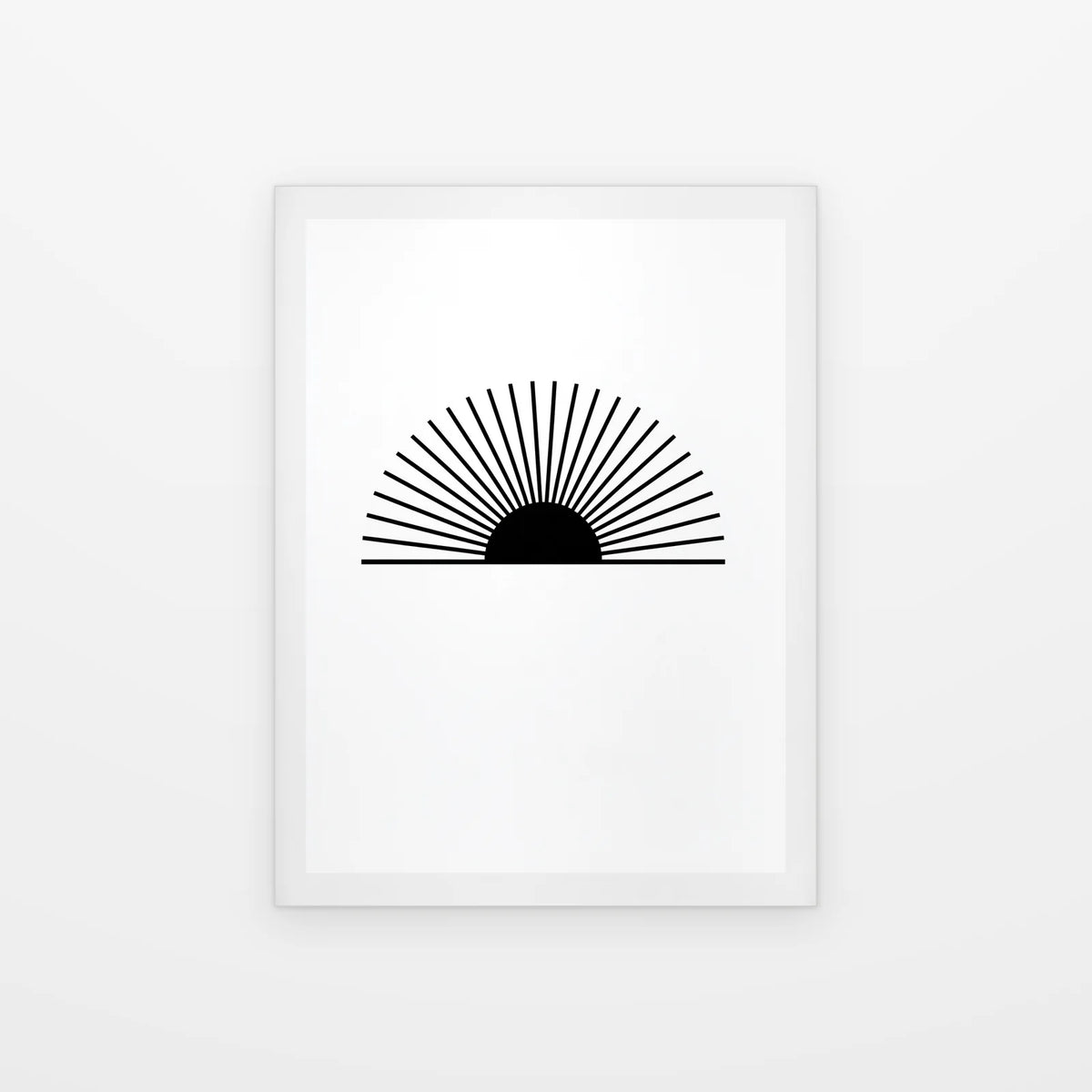 Visuel du tableau soleil levant rayonnant noir et blanc présenté seul sur fond blanc, aperçu de l’œuvre imprimée