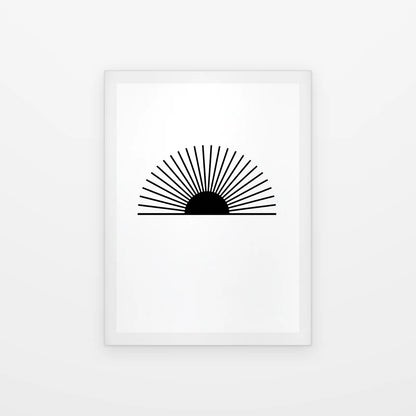 Visuel du tableau soleil levant rayonnant noir et blanc présenté seul sur fond blanc, aperçu de l’œuvre imprimée