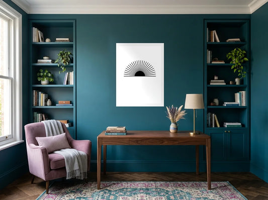 Tableau soleil levant rayonnant noir et blanc sur toile 2 cm, mis en scène dans : bureau aux murs bleu canard