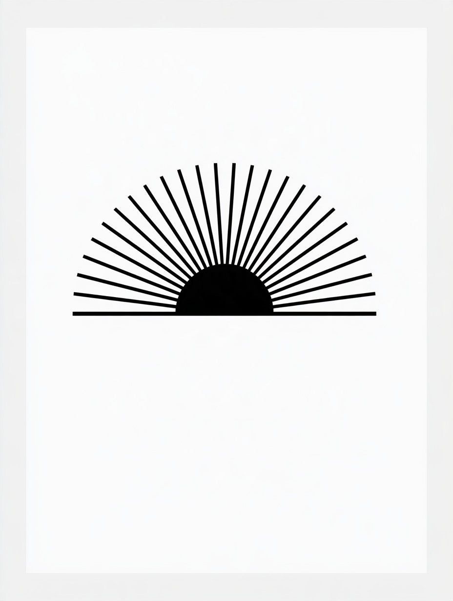 Œuvre du tableau soleil levant rayonnant noir et blanc, vue complète et fidèle du visuel