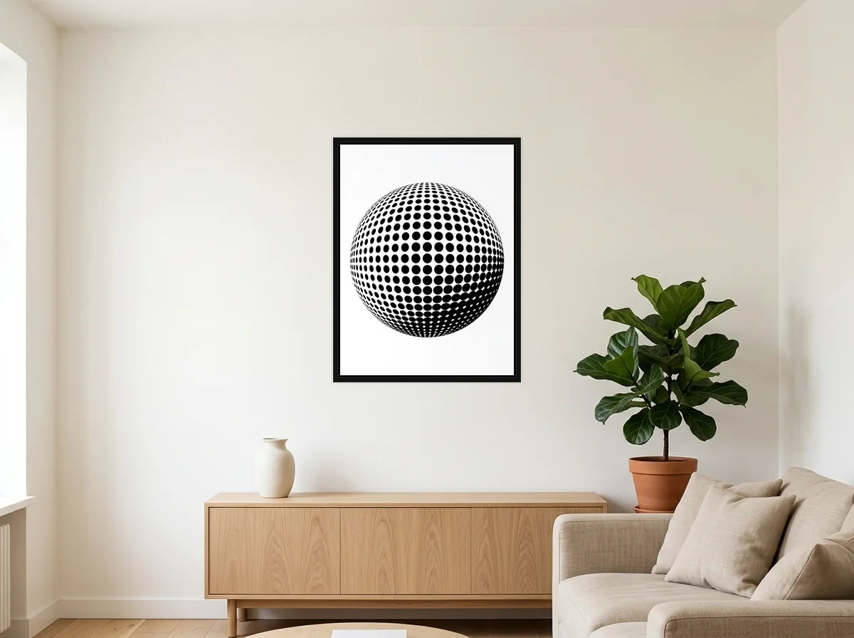 Tableau Sphère Optique noir et blanc en toile encadrée noire, présenté dans : salon blanc chaleureux et bois clair