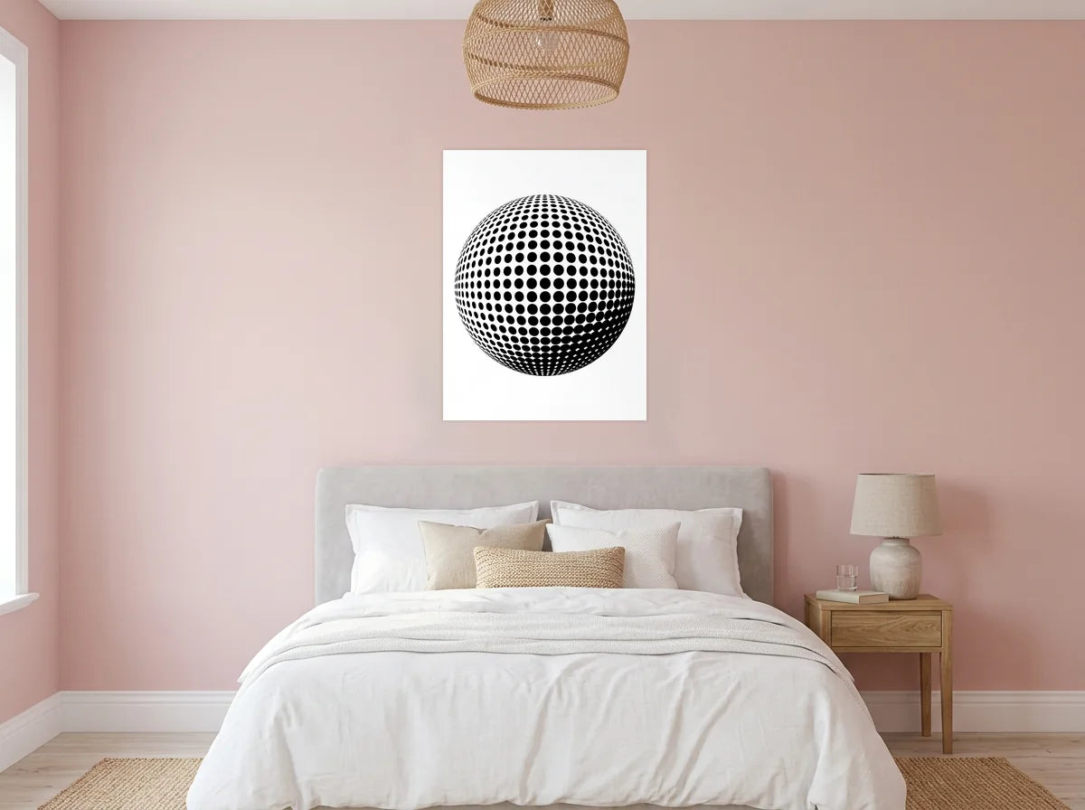 Tableau Sphère Optique noir et blanc sur toile 2 cm, présenté dans : chambre aux murs rose poudré