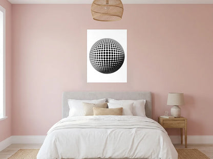 Tableau Sphère Optique noir et blanc sur toile 2 cm, présenté dans : chambre aux murs rose poudré
