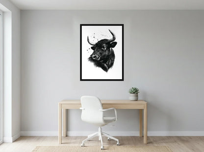 Tableau taureau sous les étoiles noir et blanc en toile encadrée noire, présenté dans : bureau gris clair lumineux