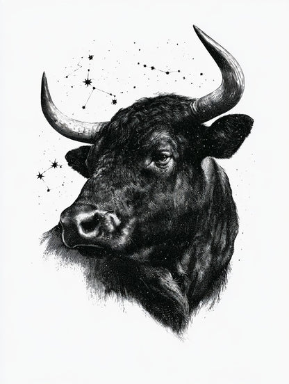Œuvre complète du tableau taureau sous les étoiles noir et blanc, vue fidèle du dessin original