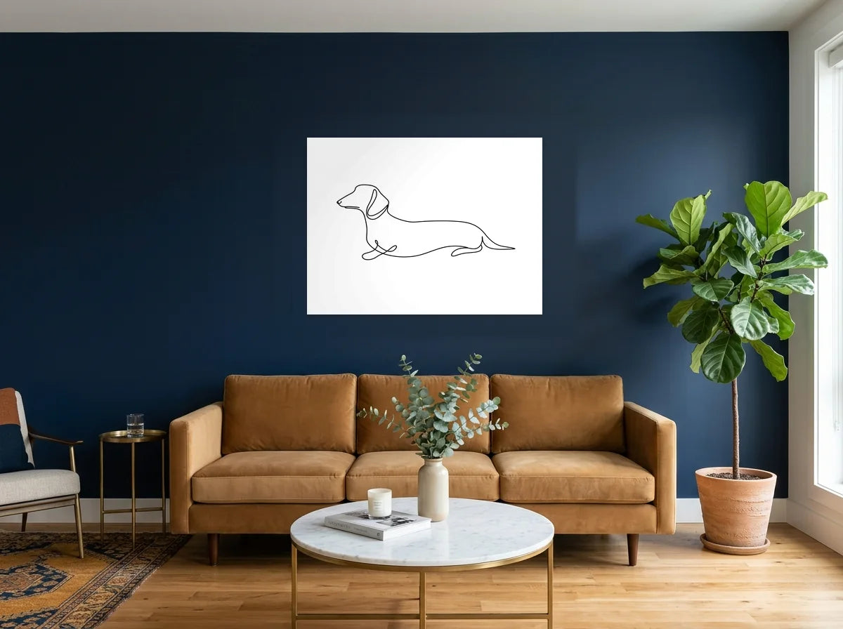 Tableau teckel au trait continu noir et blanc sur toile 2 cm, présenté dans un intérieur contemporain