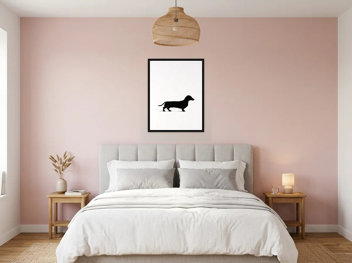 Tableau teckel en silhouette noir et blanc en toile encadrée noire, présenté dans un intérieur contemporain