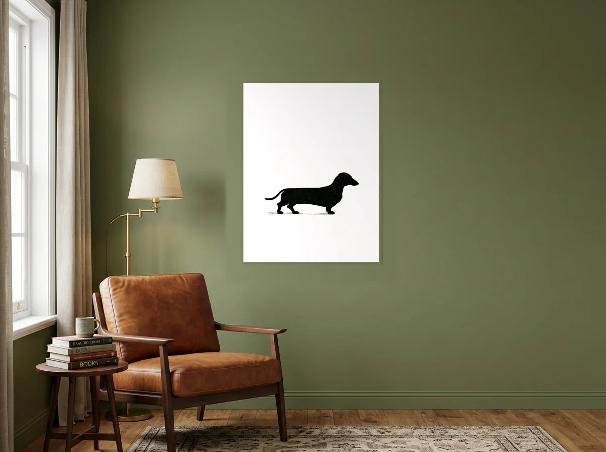 Tableau teckel en silhouette noir et blanc sur toile 2 cm, présenté dans un intérieur contemporain