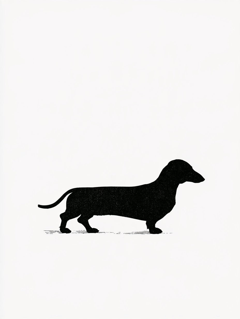 Œuvre du tableau teckel en silhouette noir et blanc, vue complète du visuel original