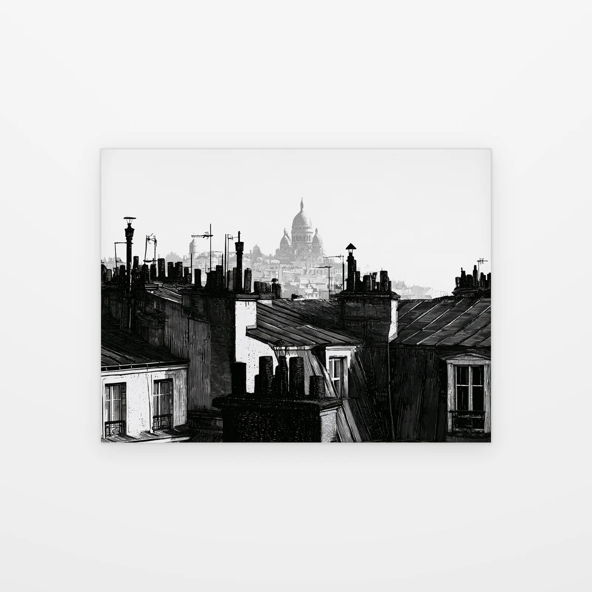Visuel du tableau toits de montmartre noir et blanc présenté seul sur fond blanc, aperçu de l’œuvre imprimée