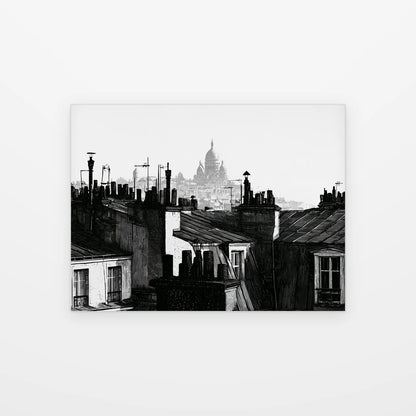 Visuel du tableau toits de montmartre noir et blanc présenté seul sur fond blanc, aperçu de l’œuvre imprimée